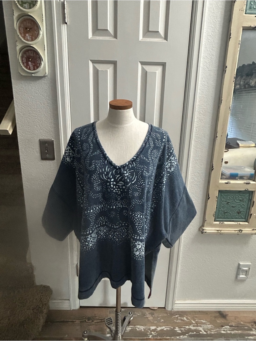Free People Navy Blue Printed V-Neck Poncho Tunic